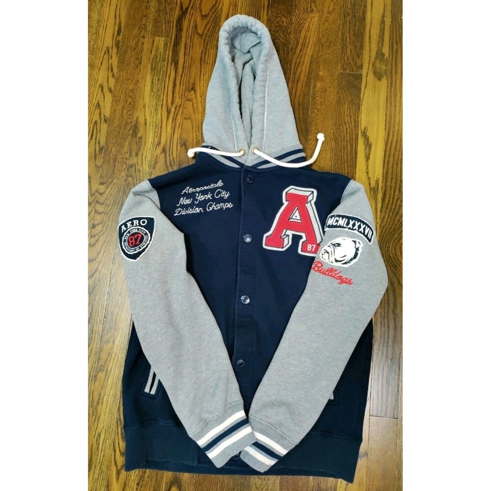 Aeropostale Hoodie Men's M Navy Blue Gray Red Patch Logo Bulldog Embroidery EUC